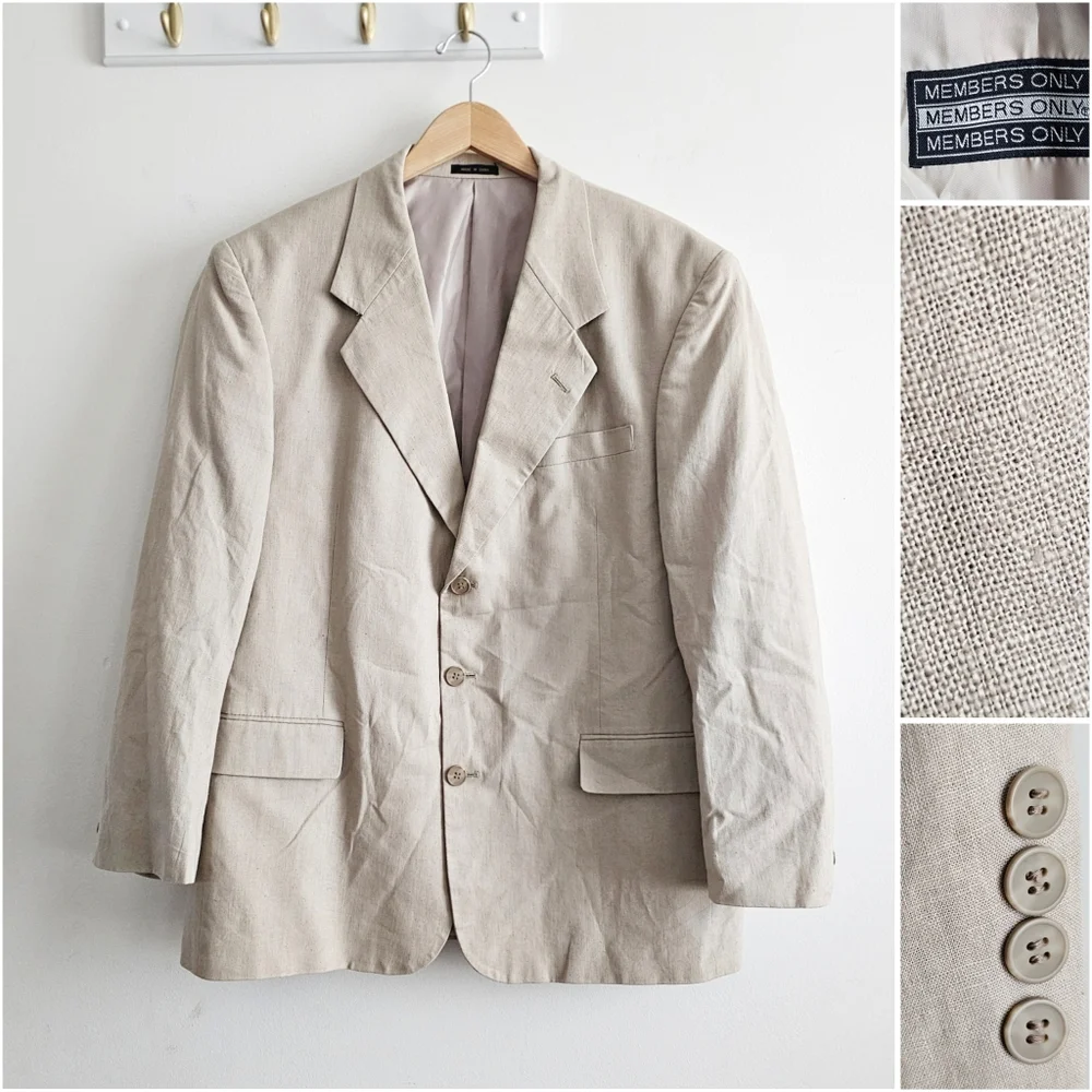 Vintage Members Only Sand Beige 55% Linen 45% Cotton Blazer Sport Coat 44R